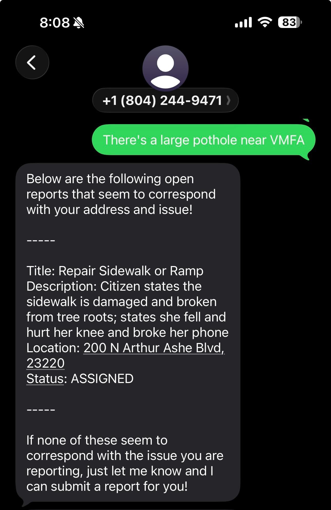 Example text conversation: user reports a pothole, tool responds with nearby issue and status from RVA311